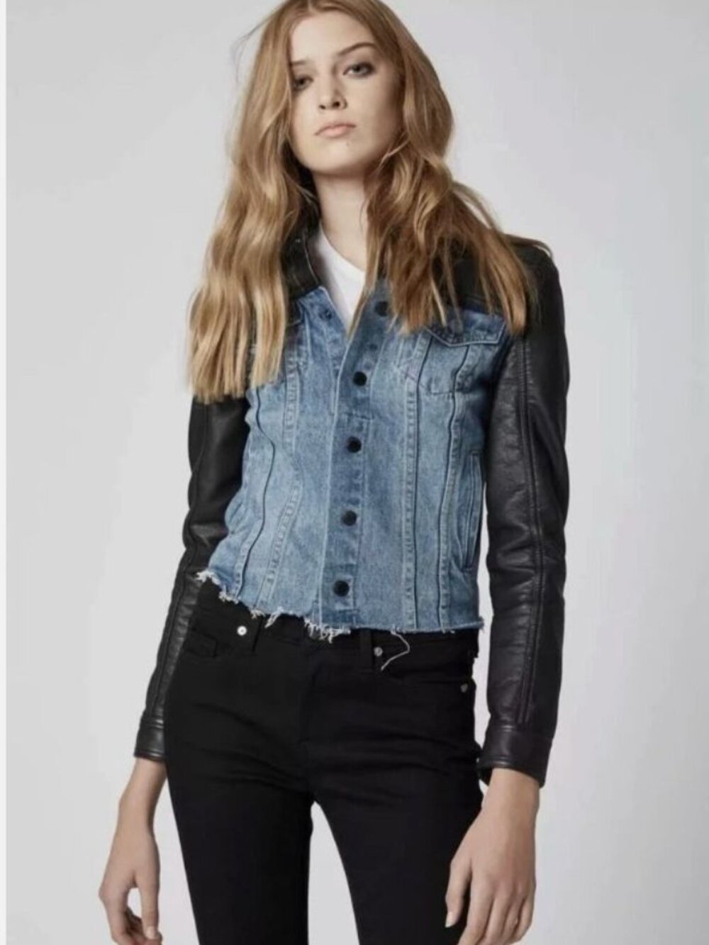 Blank NYC Large Arachnophobia Black Faux Leather Denim Jacket Crop Moto